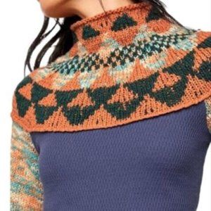 Free People Swit The Small Stuff Mock Neck Pullover Sweater Navy Combo L $128